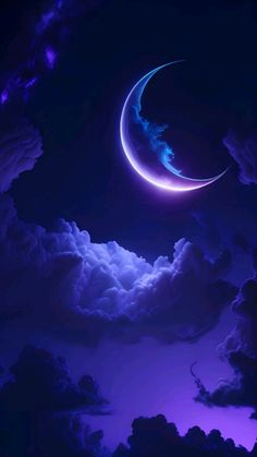 two crescents in the night sky with clouds and blue hues, one is purple