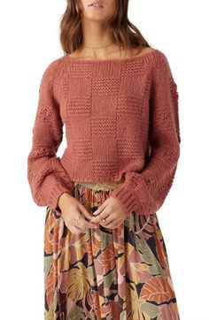 A stitched pattern enhances the cozy vibes of this slouchy cropped sweater topped with an elongated neckline. Boat neck Long sleeves 100% acrylic Machine wash, tumble dry Imported Cozy Vibes, Crop Sweater, Cedar Wood, Cropped Sweater, Boat Neck, Sweater Top, Top Brands, Nordstrom, Womens Tops