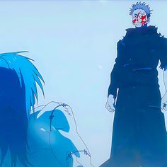 two anime characters standing next to each other in front of a blue sky with clouds