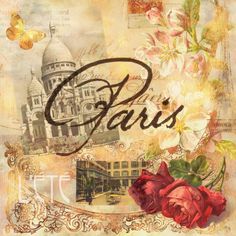 the word paris is written in french and surrounded by images of buildings, flowers, and butterflies