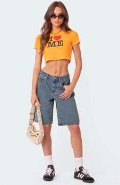 EDIKTED Oversize Low Rise Denim Bermuda Shorts | Nordstrom Oversized Jean Shorts, Hawaii Fits, Outfit Inspo Y2k, Summer Cute Outfits, Modest Shorts, Long Denim Shorts, Spring Wardrobe Essentials, Baggy Clothes, Baggy Shorts