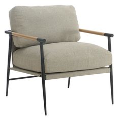 a beige chair with black legs and a wooden armrest