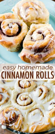 easy homemade cinnamon rolls on a blue plate