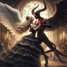 a man and woman dressed in gothic clothing, with horns on their heads hugging each other