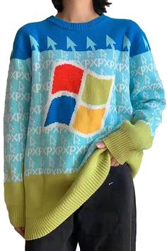 Windows Logo Microsoft Ugly Sweater Unisex Geek Style Nerd Inspired Outfits, Internet Core Outfits, Green Y2k Style Winter Sweater, Webcore Clothes, Chaotic Outfit, Webcore Outfits, Kidcore Sweater, Pixel Clothes, Sweater Reference