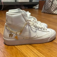 Women’s Size 8. Good Condition, Could Use A Cleaning. Only Worn Once. Gold Removable Charms Nike Force, Nike White, Shoes Nike, Lucky Charm, Colored Blazer, White Nikes, Womens Shoes Sneakers, Nike Shoes, Nike Women