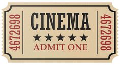 an old movie ticket with the words cinema admit one written in red and black on it