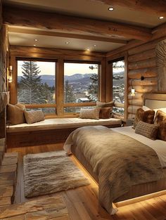 a bedroom with a large bed and wooden walls