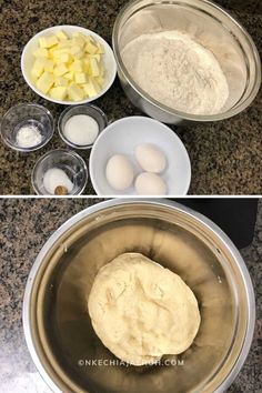 two pictures side by side showing dough and ingredients in bowls