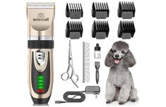 an electric dog grooming kit with combs, scissors and clippers