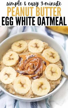 a bowl filled with oatmeal topped with sliced bananas and peanut butter on top