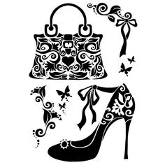 the silhouettes of shoes and handbags are drawn in black on a white background