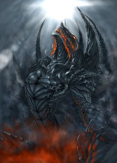 a demonic looking creature with orange flames on its face and arms, standing in front of a dark background