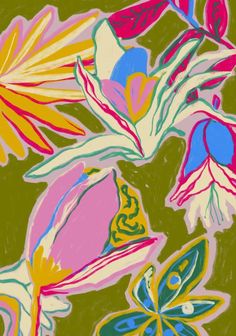 an abstract painting of flowers and butterflies on a green background