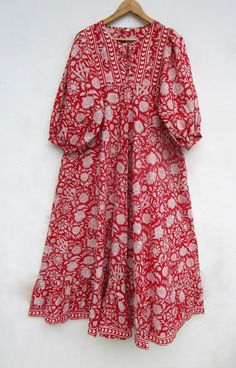 "ITEM DESCRIPTION red blossom floral printed maxi dress - Henley neckline with button maxi dress - 3/4th sleeve with button maxi dress  Features: 3/4th sleeve, Henley neck, Long dress Material: Cotton cambric Fabric: 100% cotton soft light weight ethnic print fabrics  Sleeve Length = 18 inch For more sizes & their measurement, please refer our below chart to understand the sizes variations available with us For your size requirement, please mention your size in seller note at the time of buying. SIZE MEASUREMENT  BUSTLENGTHSHOULDER XXS34 inch51 inch13.5 inch XS36 inch51 inch14 inch S38 inch51 inch14.5 inch M40 inch51 inch15 inch L42 inch51 inch16 inch XL44 inch51 inch16.5 inch 2XL46 inch51 inch17 inch 3XL48 inch51 inch18 inch   Company Return Policy:  Please write for more information to m Flowy Floral Print Maxi Dress With Half Sleeves, Flowy Half Sleeve Floral Maxi Dress, Red Half Sleeve Summer Dress, Red Buttoned Maxi Dress For Summer, Floral Print Half Sleeve Maxi Dress, Cotton Maxi Dress With Half Sleeves, Red Half Sleeve Bohemian Dress, Red Printed Cotton Dress, Cotton Maxi Dress