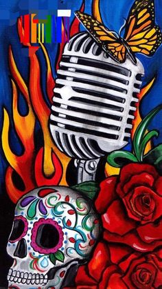 a painting of a skull and a microphone with roses in front of it on a blue background