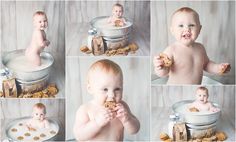 a collage of photos shows a baby in a tub with cookies