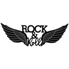 the rock and roll logo with wings on it's back side, in black