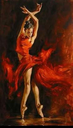 a painting of a ballerina in an orange dress with her arms outstretched and feet spread out