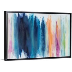 an abstract painting with blue, orange and pink colors on the canvas framed in black frame