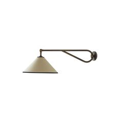 an old fashioned wall light with a white shade on the top and black metal arm