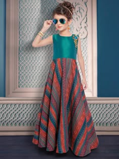 Shop Green orange printed silk gown online from G3fashion India. Brand - G3, Product code - G3-GGO0529, Price - 3695, Color - Green, Orange, Fabric - Silk, Skirt Indian Outfit, Skirt Indian, Outfits For Kids, Kids Ethnic Wear, Kids Party Wear, Wedding Dresses For Kids, Long Frock, Salwar Kamiz