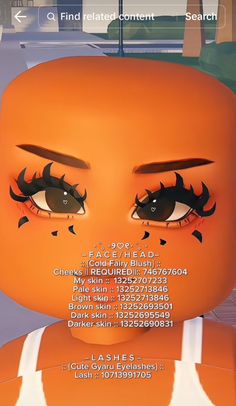 an orange character with big eyes and black eyelashes is looking at the camera while standing in front of a building