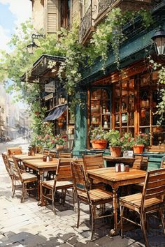 a painting of an outdoor cafe with tables and chairs