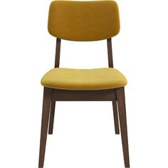 a yellow upholstered chair with wooden legs and backrests on an isolated white background