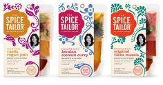 three packages of different types of food in front of a white background with the words spice tailor on it