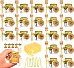 a hand holding a jar of honey next to some bees and combs on a white background