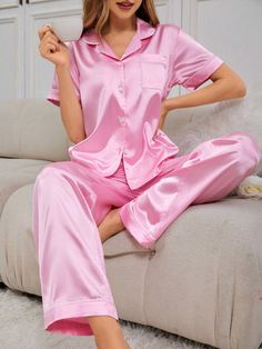 Spring/Summer Color Block Piping Turn-Down Collar Button-Down Short Sleeve Shirt And Pants Pajama Set Pink Elegant  Short Sleeve Satin Plain Pant Sets Non-Stretch All Women Sleep & Lounge, size features are:Bust: ,Length: ,Sleeve Length: Pink Silk Pajamas, Pink Pjs, White Women Dresses, Sleepwear Women Pajamas, Satin Pj Set, Plain Pants, Pant Sets, Satin Pyjama Set, Blouse Pants