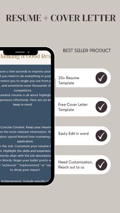 the cover letter for a resume is shown on an iphone with icons and text below it