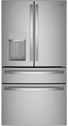 a stainless steel refrigerator freezer with two doors and water dispenser on the bottom