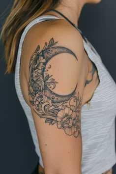 65 Magical Moon Tattoo Ideas for Women to Express Your Inner Goddess – Refined Aesthetique Ornamental Half Sleeve Tattoos For Women, Witch Goddess Tattoo, Full Moon Tattoo Designs For Women, Woman Moon Tattoo, Mandala Moon Tattoo, Magic Tattoo Ideas, Womens Shoulder Tattoo, Moon Tattoos For Women, Lunar Tattoo