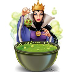 the evil queen is cooking some food in her caulder