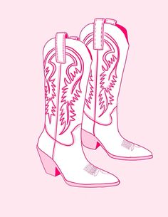 a pair of white cowboy boots with pink soles on a pink background, illustration