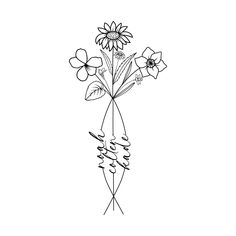 a black and white drawing of flowers with the word love written in cursive writing