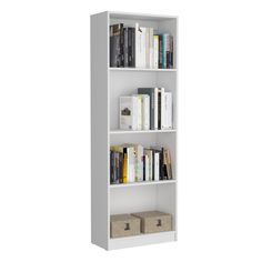 a white book shelf filled with lots of books