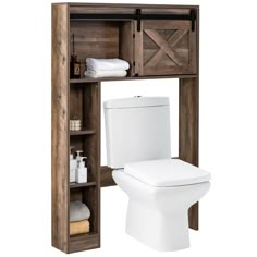 a bathroom with a toilet and wooden shelves