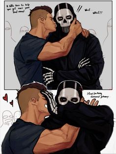 two men hugging each other in front of a white and black background with skulls on it