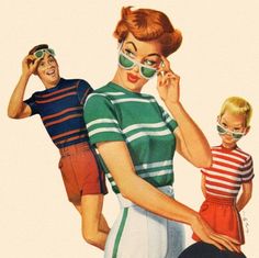 an old fashion magazine cover shows two women and a man wearing sun glasses while another woman holds her hand up to her face