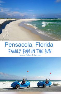 two blue cars parked on the beach with text overlay that reads, pensacola, florida family fun in the sun