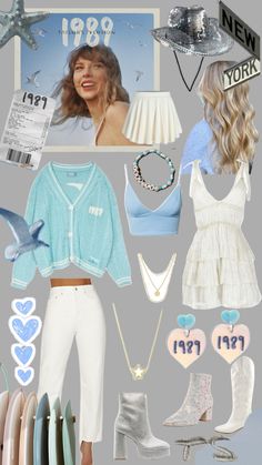 a collage of clothing and accessories including shoes, hats, necklaces, bracelets