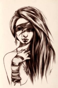 a drawing of a woman with long hair and piercings