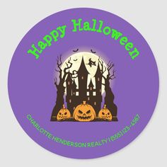 happy halloween sticker with pumpkins and castle