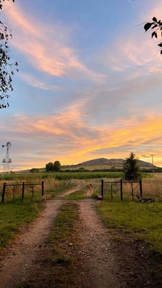 a dirt road going through a field with a windmill in the distance at sunset or dawn