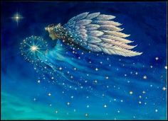 an angel with white feathers flying in the sky and stars above it, on a blue background