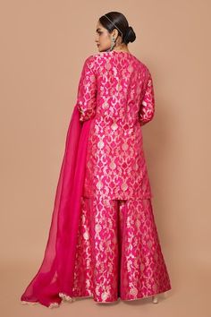 Pink banarasi silk kurta in a floral vine zari woven pattern. Comes with matching sharara and scalloped lace embellished dupatta. - Aza Fashions Semi-stitched Brocade Sharara With Gota Work, Designer Brocade Sharara With Gota Work, Brocade Sharara With Pallu, Banarasi Silk Sharara With Cutdana, Brocade Sharara For Festivals, Wedding Palazzo Set With Zari Weaving, Festival Straight Kurta Brocade Palazzo Set, Festival Brocade Palazzo Set With Straight Kurta, Diwali Brocade Palazzo Set With Straight Kurta