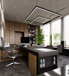 an office with a large desk and chairs